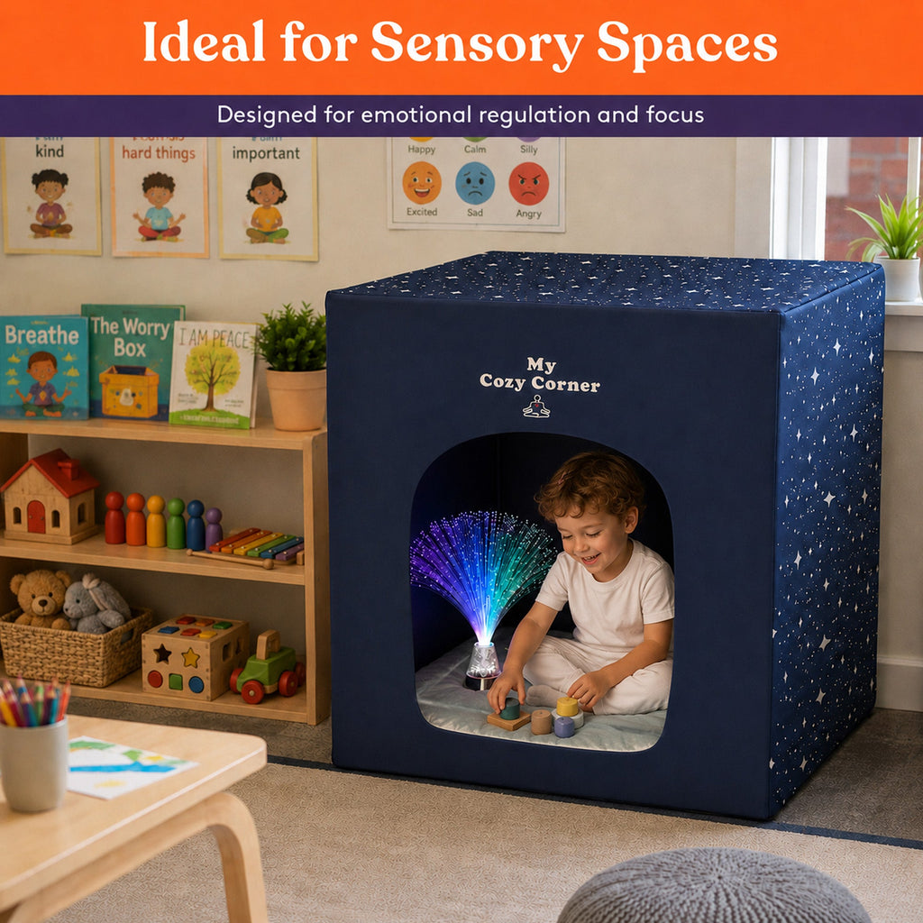 Blackout sensory tent with fiber optic lamp in a kids room