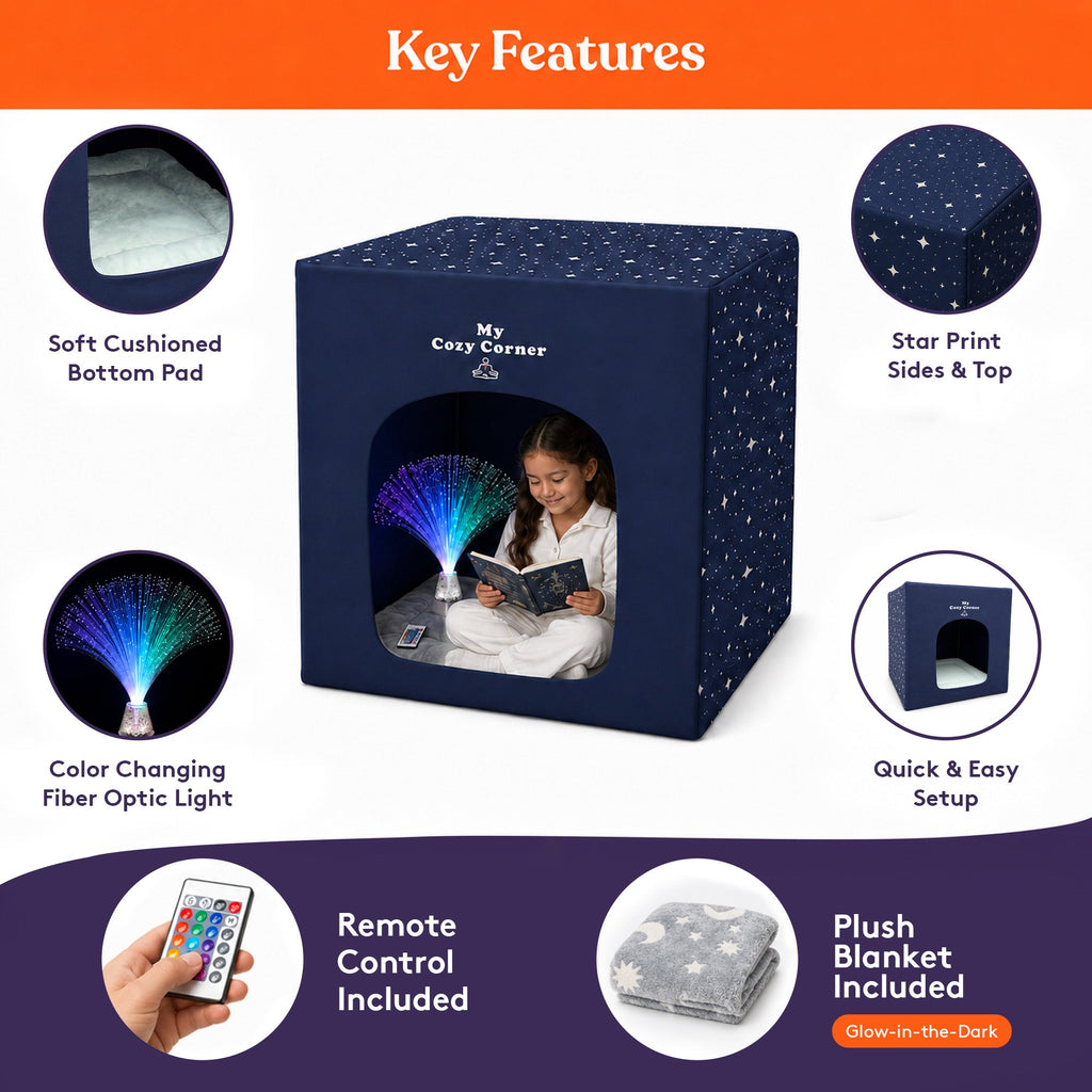 Blackout sensory tent with fiber optic lamp features graphic