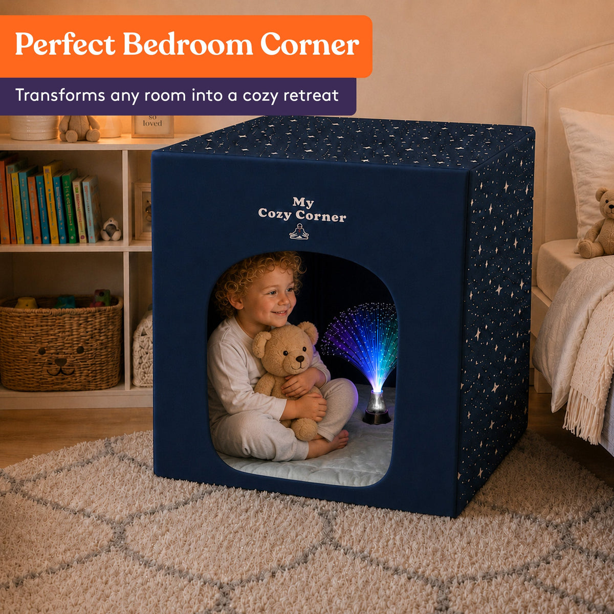 Blackout sensory tent with fiber optic lamp in use at home