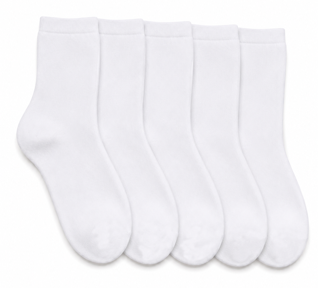 SmoothToe sensory crew socks with a flat toe seam, 5 pack in white
