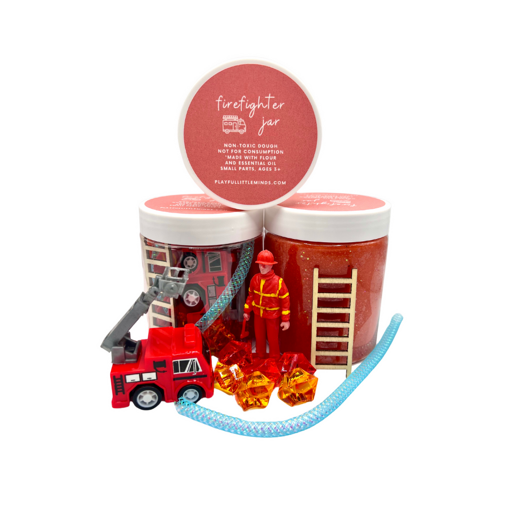 Firetruck playdough sensory kit with firefighter play pieces
