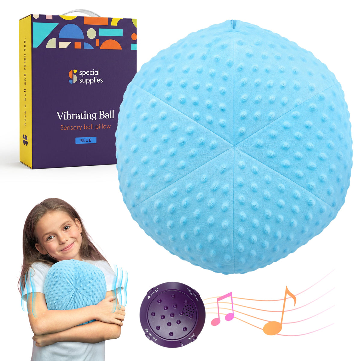 Vibrating sensory ball pillow in blue