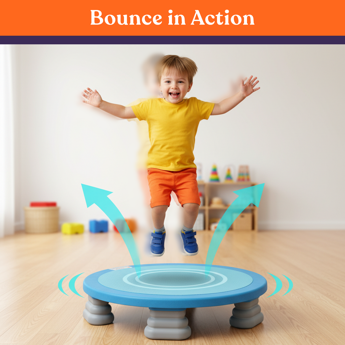 Child bouncing on the kids trampoline board