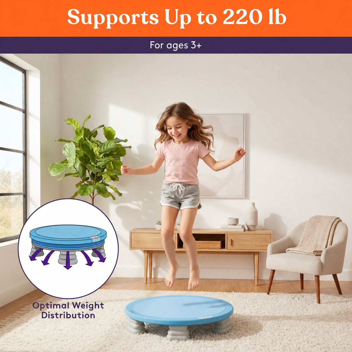 Kids trampoline board in a bright living room