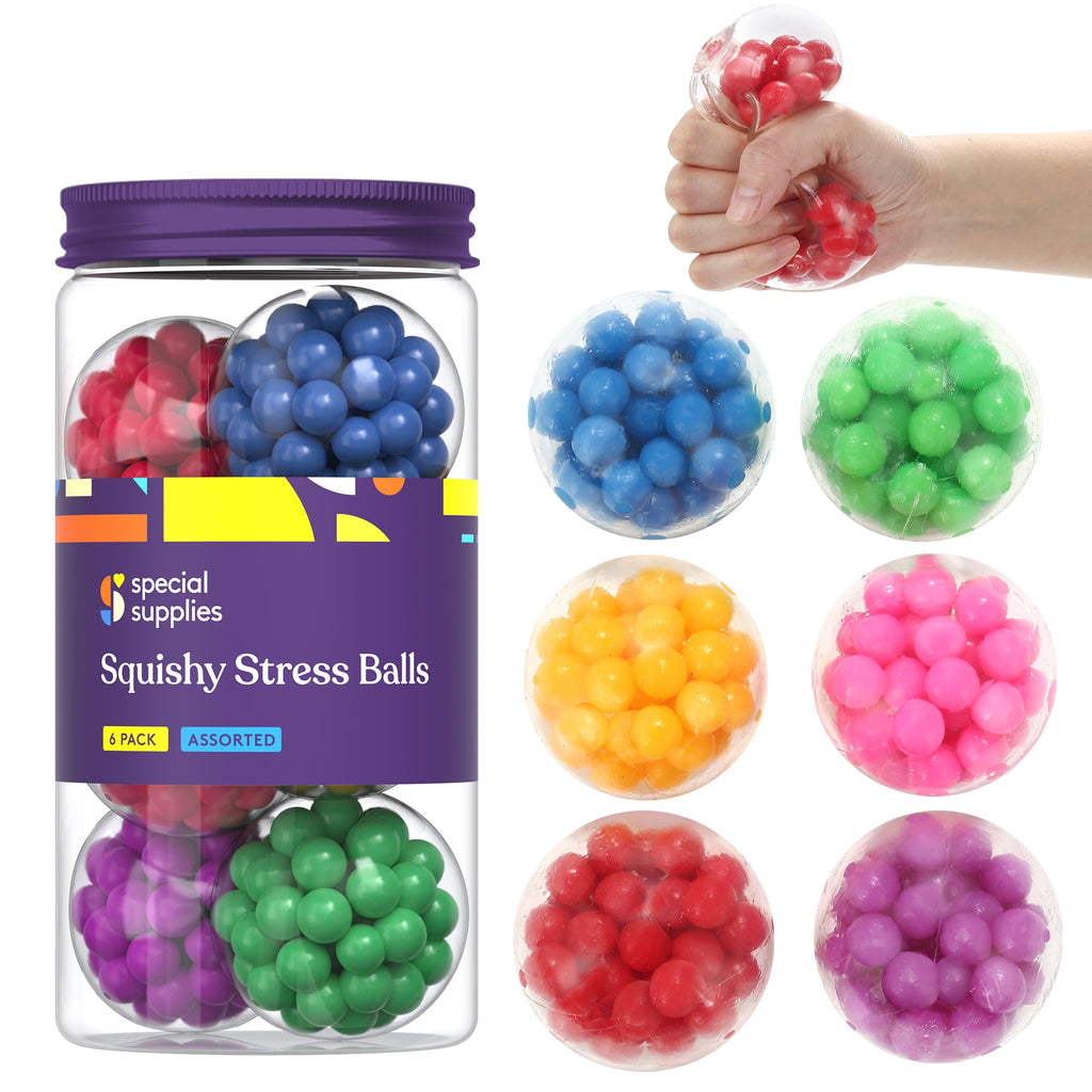 Six colorful squishy stress balls