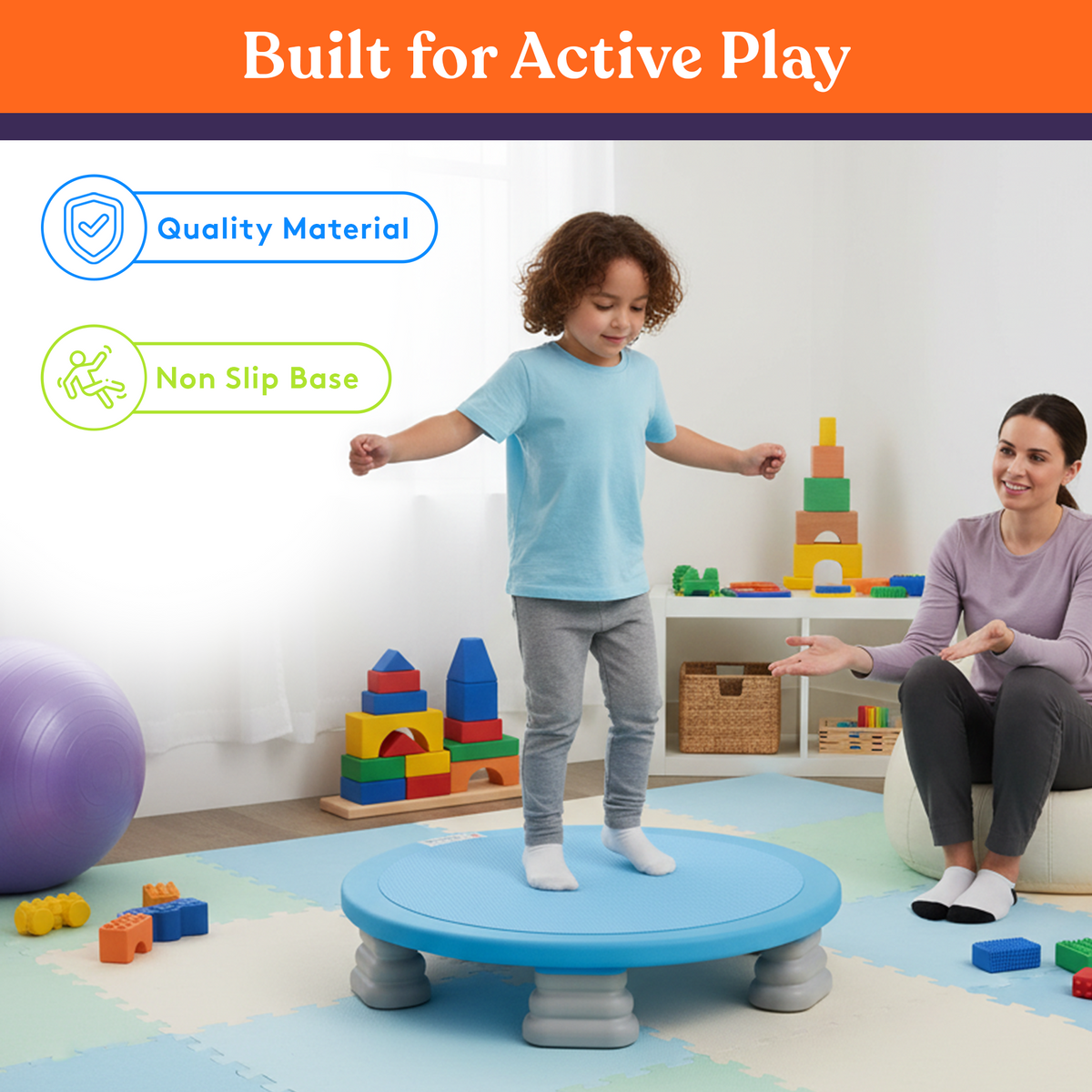 Kids trampoline board features graphic