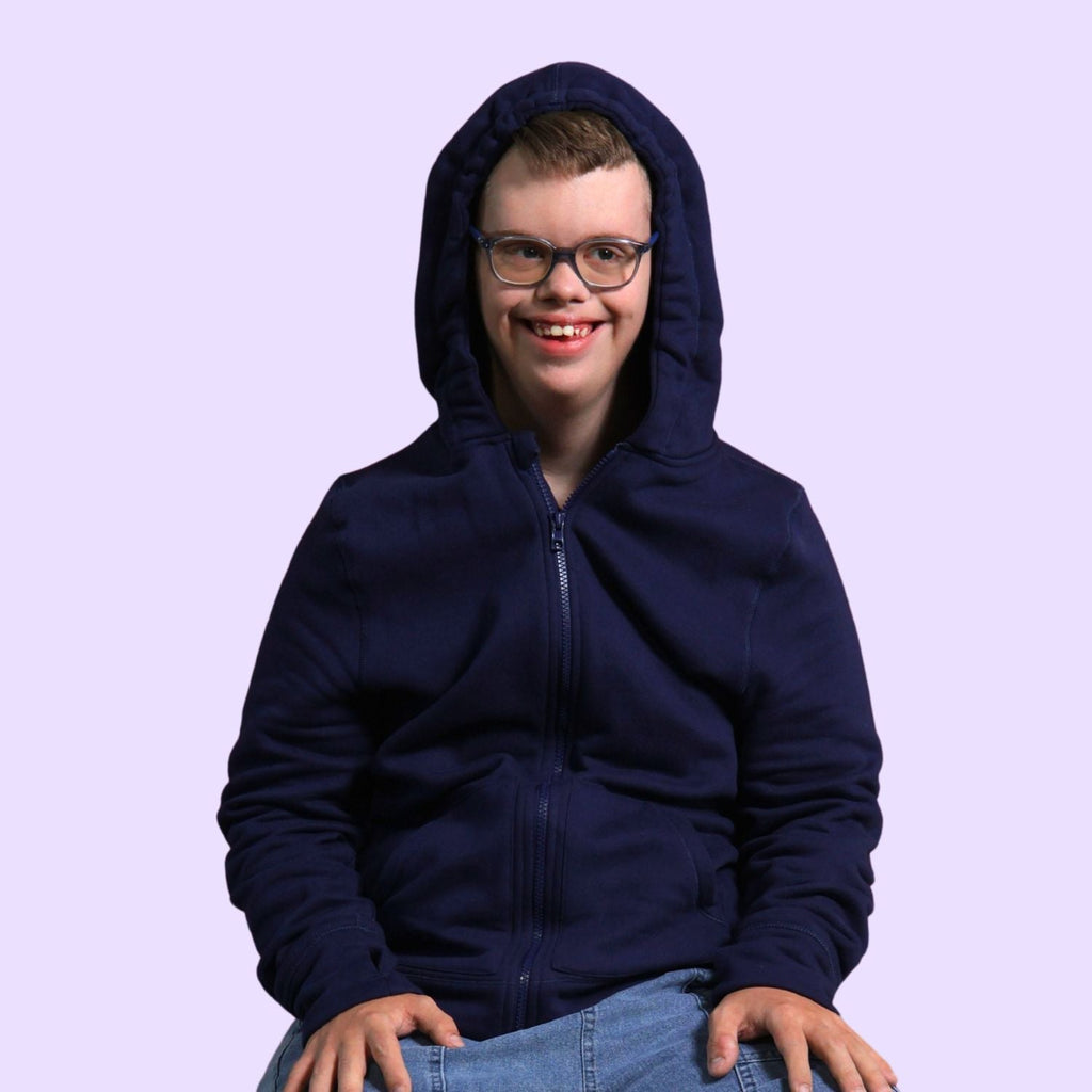 Adult QuietSense zip-front sound reducing sensory hoodie in navy