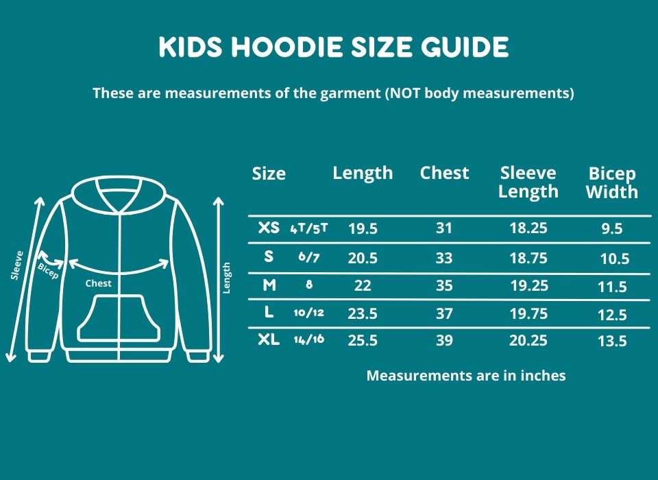 Kids QuietSense sound reducing hoodie size guide
