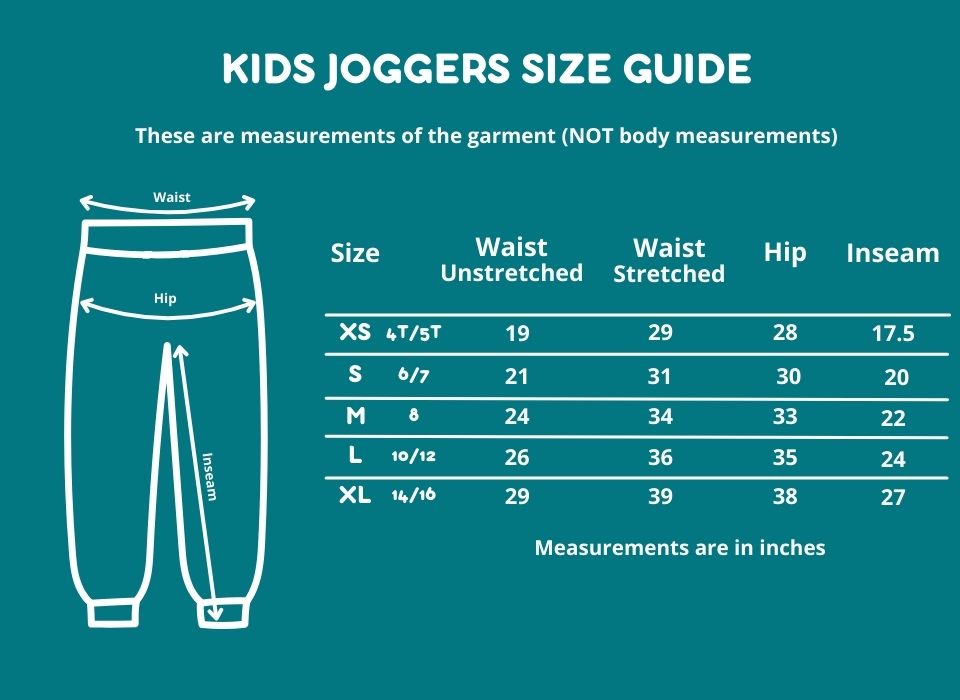 Kids sensory friendly fidget jogger size guide