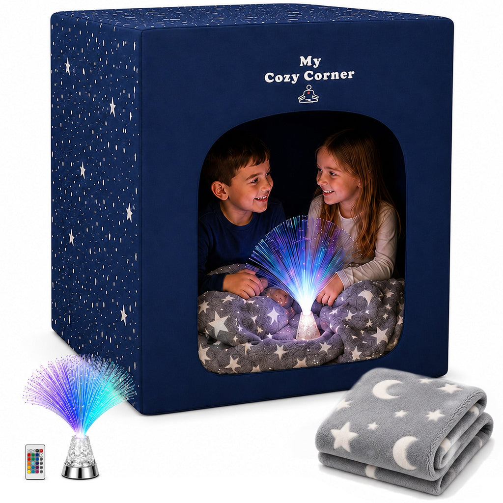 Blackout sensory tent for kids with fiber optic lamp and glow-in-the-dark blanket