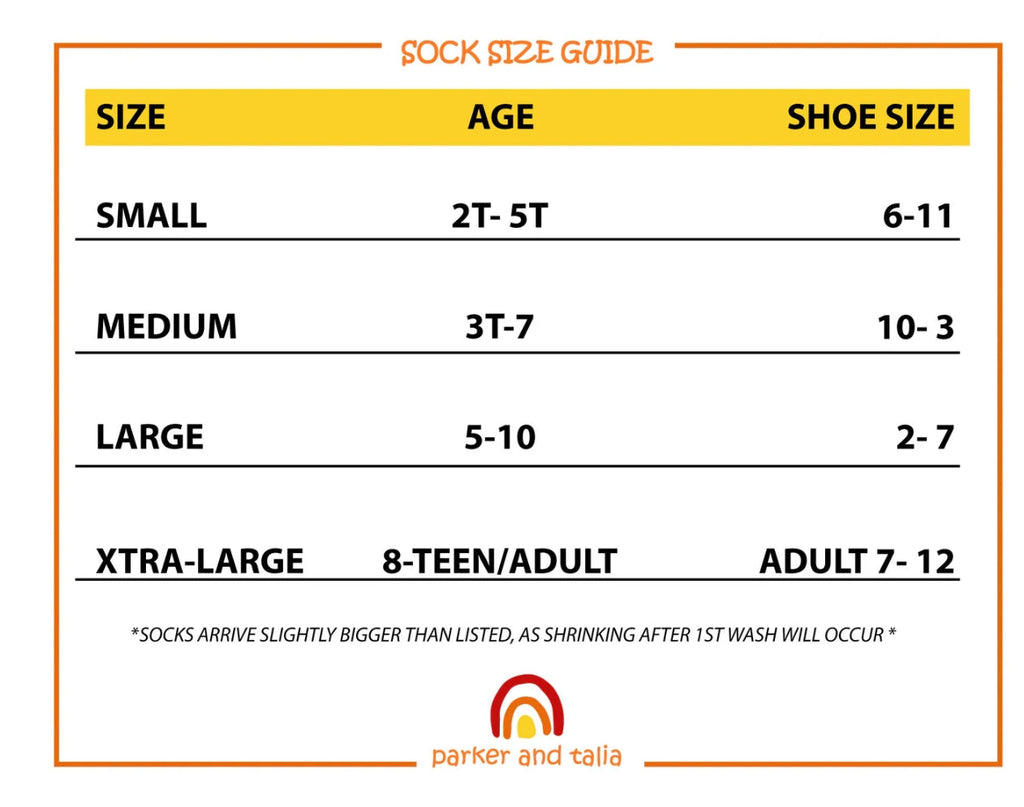SmoothToe sensory crew socks size chart