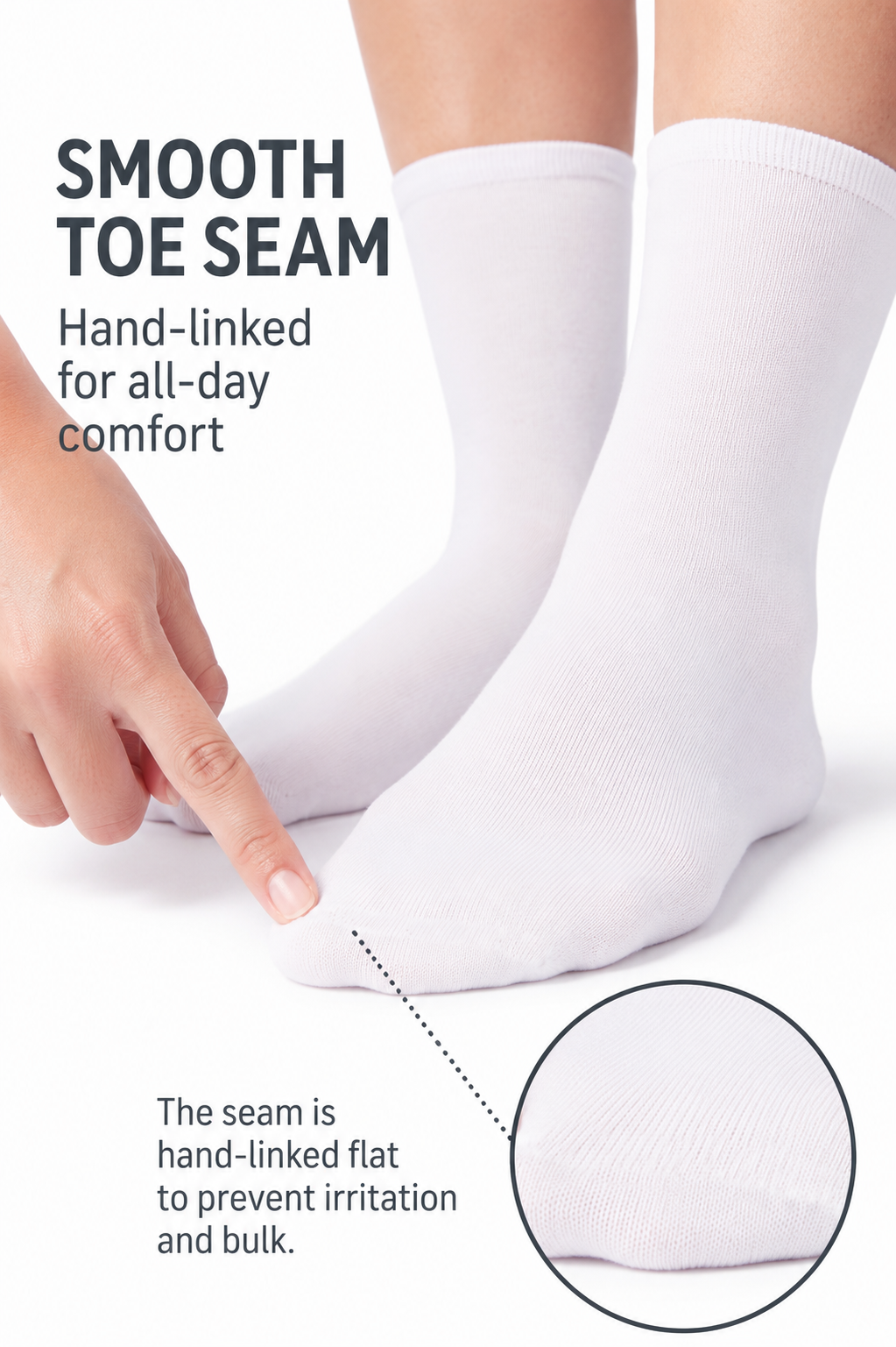 Close-up of the flat, hand-linked toe seam on SmoothToe crew socks
