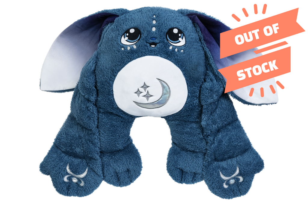 Orion, a deep blue 5lb weighted Moon Pal plush