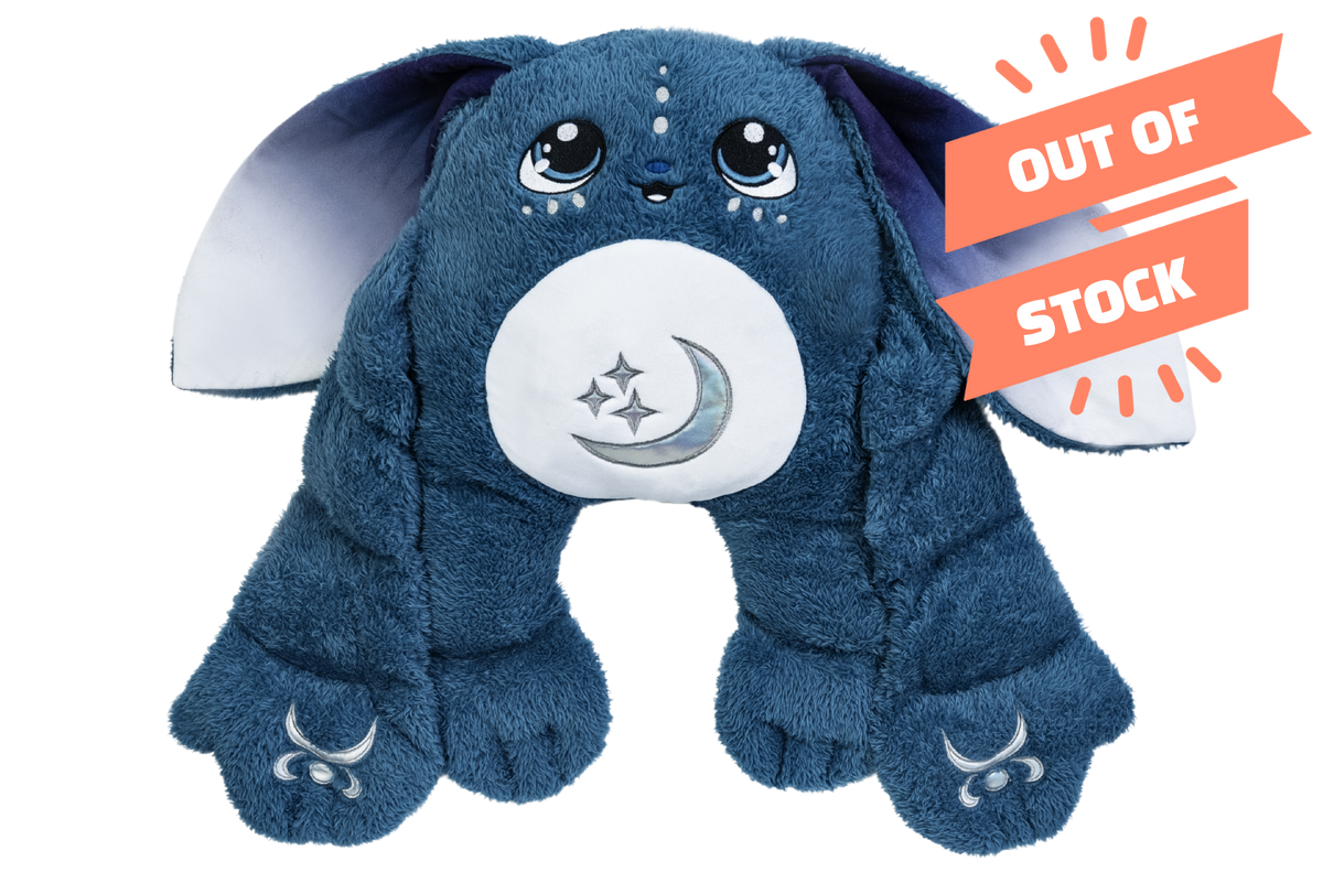 Orion, a deep blue 5lb weighted Moon Pal plush