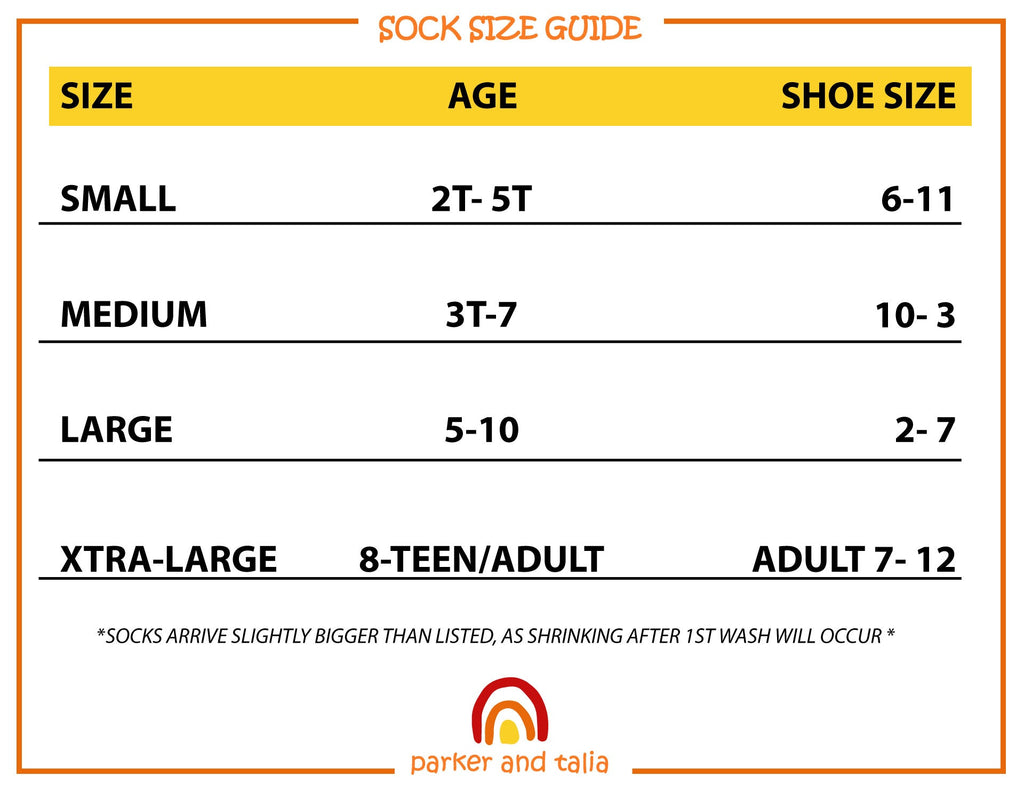 SmoothToe sensory socks size guide